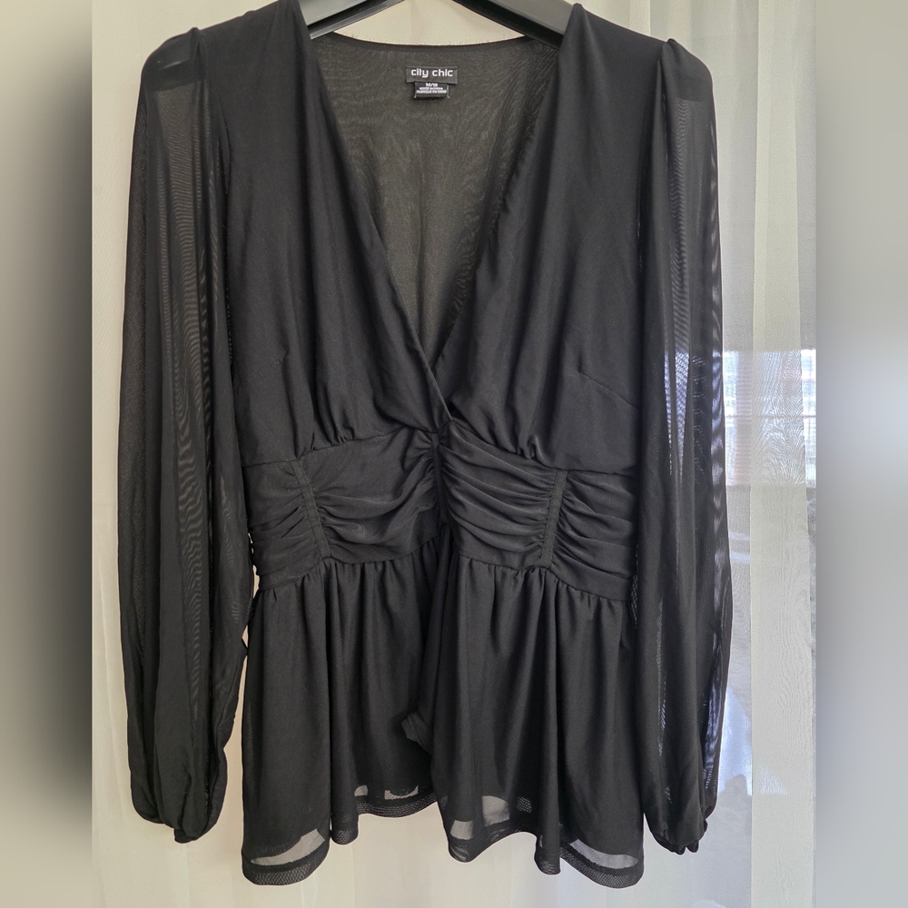 City Chic Black Ruched Peplum Blouse
